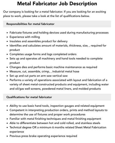 metal fabricators|metal fabricator job description.